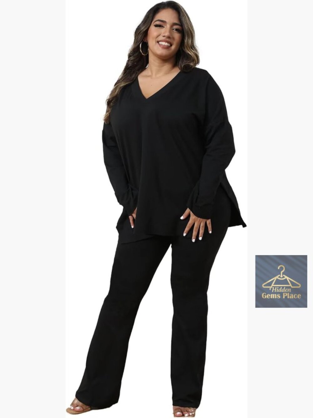 Plus Size 2 Piece Tracksuit Set Long Sleeve V Neck Slit Pullover Flare Leg